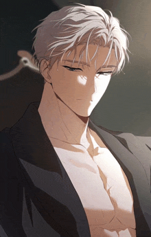 a drawing of a shirtless man with white hair and blue eyes