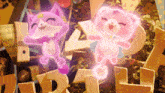a purple and a pink cat are dancing in front of a pile of letters