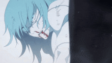 a drawing of a person with blue hair and a red lip