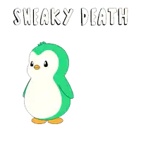 a green and white penguin is laying down with the words sneaky death written above it