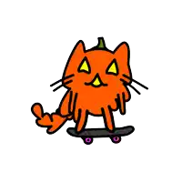 a cartoon drawing of a cat with a pumpkin face on a skateboard