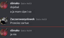 a screenshot of a conversation between slimako and zaczarowanyolowek