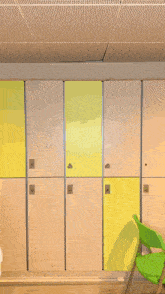 a person wearing a green hat is standing in front of lockers