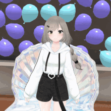 a girl in a white hoodie is standing in front of purple and blue balloons