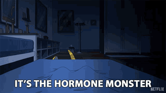 a cartoon character is laying on a bed with the words 