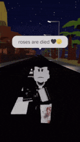a roblox character with a bloody leg and a speech bubble saying outside smiling