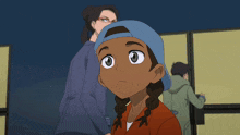 a girl with braids wearing a blue hat is looking up