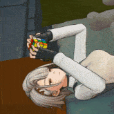 a cartoon character is laying on a bed holding a rubik 's cube