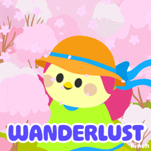 an illustration of a bird with a hat and the words wanderlust