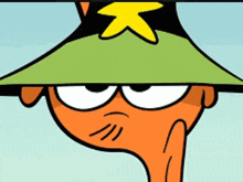 a cartoon character with a yellow star on his hat