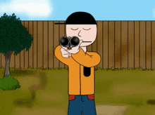 a cartoon man is holding a shotgun in front of a wooden fence