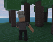 a cartoon character wearing a chef 's hat is standing in a forest