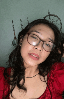a woman wearing glasses is taking a selfie with a dream catcher in the background