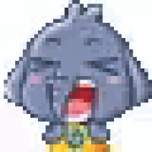 a pixel art of a cartoon character with its mouth open and eyes closed .