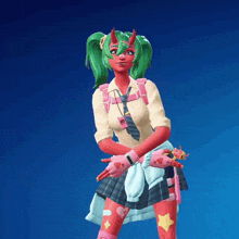 a girl with green hair and horns is wearing a tie