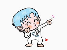 a cartoon drawing of a girl with blue hair pointing at the word i love you