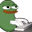 a green frog with an orange beak is typing on a computer keyboard .