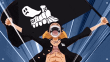 a cartoon character is holding a black flag with a ghost face on it