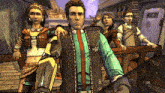 a group of cartoon characters standing next to each other with a man wearing a vest that says ' a '