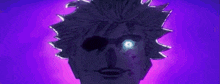 a close up of a person 's face with a glowing eye against a purple background .