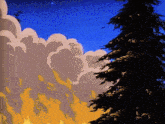 a painting of a forest fire with smoke coming out of the sky
