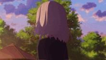 a girl with long white hair stands in front of trees and a blue sky