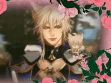 a man with a cat ear holds a stuffed animal in his arms
