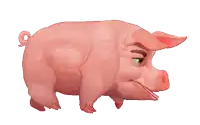 a cartoon pig with a swirly tail is smiling