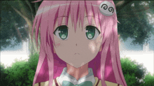 a girl with pink hair and green eyes has a sticker on her head that says " o "
