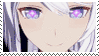 a close up of a girl 's face with white hair and purple eyes .
