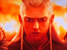 a close up of a person 's face with a red background and a very angry look on their face .