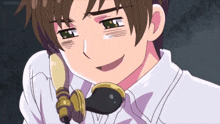 a cartoon character is smiling while talking on a phone with a foreign language on the screen behind him