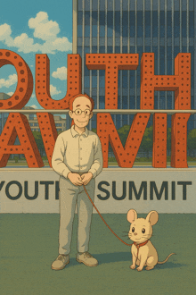 a cartoon drawing of a man walking a mouse in front of a sign that says south summit