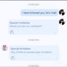 a screenshot of a chat between two people with one saying " special invitation "
