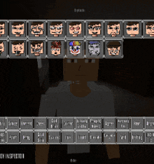 a screenshot of a video game shows a man standing in front of a grid of faces