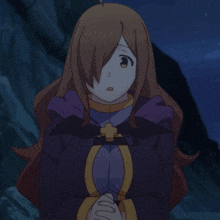 a girl with long brown hair is wearing a purple and yellow outfit with a cross on it
