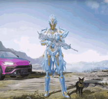 a person in armor holding a gun next to a dog