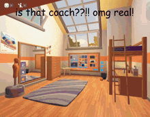 an animated room with the words " is that coach omg real " on top