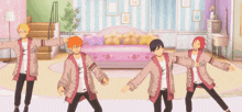a group of anime characters are dancing in a room with striped walls
