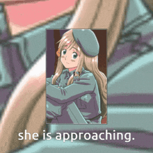 a picture of a girl with the words she is approaching below her