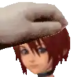 a pixel art of a woman 's head with a hand on it .