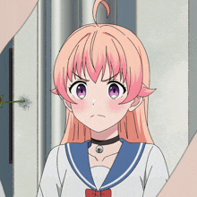 a girl with pink hair and purple eyes is wearing a choker around her neck