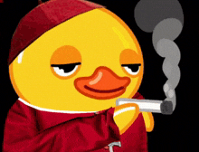 a cartoon duck smoking a cigarette and wearing a red jacket