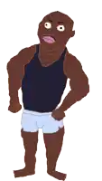 a cartoon of a man in a black tank top and blue shorts