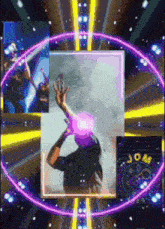 a purple and yellow circle with the word jom in the middle