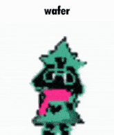 a pixel art drawing of a cartoon character with a pink scarf around his neck .