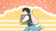 a cartoon of a man with a backpack carrying a box