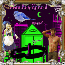 a picture of a girl a man and a bird with the words babygirl on top