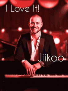 a man in a suit is playing a piano with the words i love it jiikoo below him