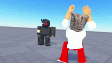 a cartoon character with a cat on his head stands next to another character